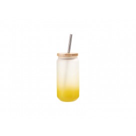 18oz/550ml Glass Mugs Gradient Yellow with Bamboo Lid & SS Straw(10/pack)